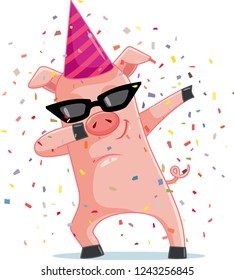 Funny Party  Pig Dabbing  Vector Cartoon. Dancing piggy mascot logo character design 

