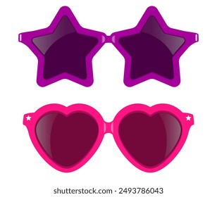 Funny party sunglasses, star and heart shaped glasses isolated on white background. Flat illustration of colorful retro style sun glasses, crazy element for party costume.