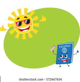 Funny passport and sun characters symbolizing vacation, holidays in exotic countries, cartoon vector illustration with place for text. Happy passport and sun characters, holidays concept