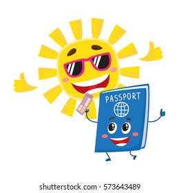 Funny passport and sun characters symbolizing vacation, holidays in exotic countries, cartoon vector illustration isolated on white background. Happy passport and sun characters, holidays concept