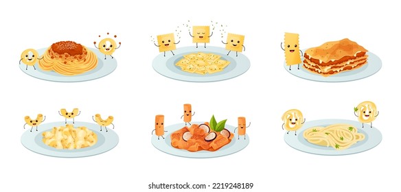 Funny pasta on plate. Happy smiling ravioli characters, lasagna on dish and funny noodle products vector illustration set of pasta food on plate