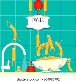 Funny pasta and tomato in a bowl. Vector illustration