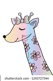 Funny pastel giraffe cartoon style, Hand drawn illustration. 