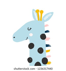 Funny Pastel Giraffe. Cute Graphic For Kids. Vector Hand Drawn Illustration.