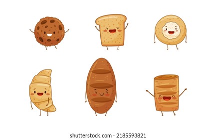 Los personajes divertidos de la bollería están listos. Ilustración vectorial de productos de panadería de sabor