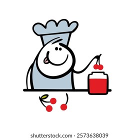 A funny pastry chef in a hat makes jam from red berries. Vector illustration of a man in the kitchen putting cherries in a jar and licking his lips. Doodle character isolated on white background.