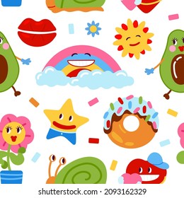 Funny patches pattern. Pop abstract doodles, cartoon fun avocado, rainbow, stars. Colorful childish print, modern fashion decent vector seamless texture