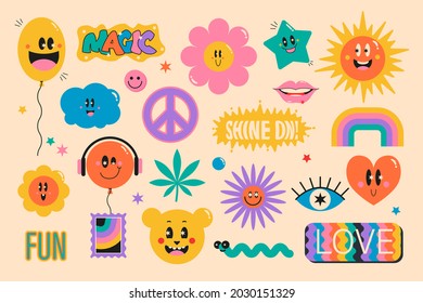 Funny  patches, stickers, icons. Cute comic characters, faces, words. Flat cartoon colorful design elements. Vector, isolated.