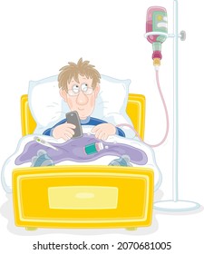 Funny patient with a dropping wine bottle instead a medicine dropper lying in his bed in a hospital ward, vector cartoon illustration on a white background