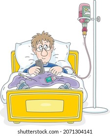 Funny patient with a dropping wine bottle instead a medicine dropper lying in his bed in a hospital ward, vector cartoon illustration on a white background