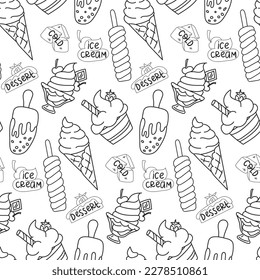 Funny pattern of assorted ice cream on a white background. Linear drawings in the doodle style of different types of ice cream and inscriptions for printing. Greeting cards and textiles, packaging