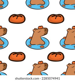 Patrón gracioso con capibaras. Elemento de diseño repetitivo. Capibara relajante en el agua con mandarinas. Ilustración vectorial aislada en fondo blanco. Imagen simple.