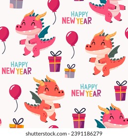 Funny pattern with cartoon dragons, gift boxes, balloons and Happy New Year lettering. Vector seamless texture.