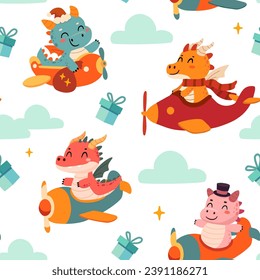 Funny pattern with cartoon dragons on airplanes and gift boxes. Vector seamless texture.