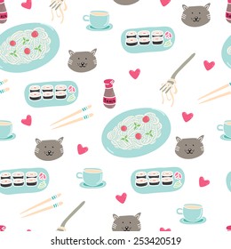 Funny pattern with a cat, a heart and a meal (pasta, sushi, drink, sauce)