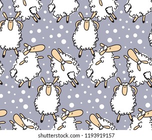 Funny pattern with childish animals. Vector clip-art sheeps. Seamless texture