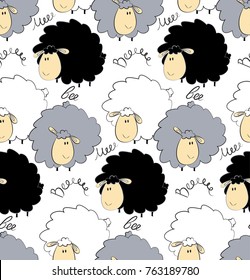 Funny pattern with childish animals. Vector clip-art sheeps. Seamless texture