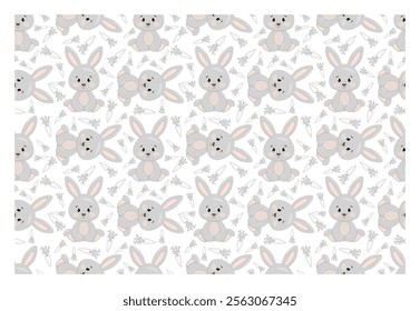 Funny pattern with cute bunny and carrots. Vector illustration. Idea for nursery fabric, for poster, greeting card or invitation, labels or tags