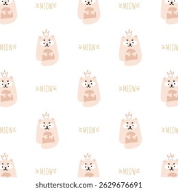 Padrão engraçado com um gatinho bonito com uma coroa rosa em um fundo branco