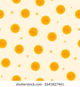 A funny pattern with cute smiling suns among the stars on a beige background. Suitable for children's clothing, wallpaper, bedspreads, cover, swimwear, stationery