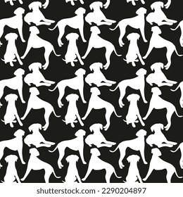 Funny pattern with dog silhouette. Clean seamless background, abstract background with black and white Dalmatian pet shapes. Birthday present, simple plain wrapping paper. Clean style.
