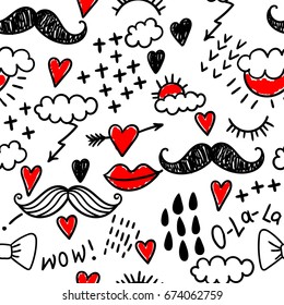 A funny pattern with doodles: mustaches, eyelashes, clouds, lightning, tears, arrows and hearts. Vector illustration.
