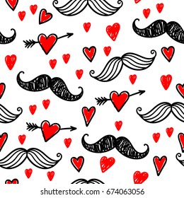 Funny pattern with doodles: mustaches and hearts. Vector illustration.