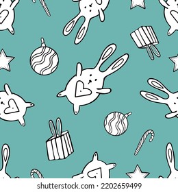 Funny pattern with a hare and Christmas toys. Suitable for textiles and packaging