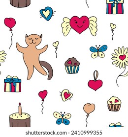 Funny pattern with hearts and kittens. Bright colors, cartoon doodle style. Hand-drawn elements for Valentine's Day. Seamless background for design. Sweets and butterflies.