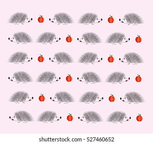 Funny pattern with hedgehogs and apples on the pink background
