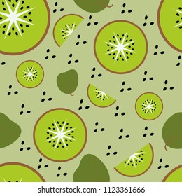 Funny pattern with kiwi, its leaves and its seeds on a green background