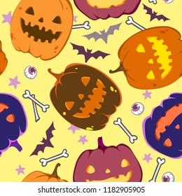 funny pattern of laughing pumpkins, bats, bones, halloween