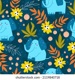 Funny pattern with little blue elephant with flowers and leaves on a dark blue background. Animal seamless background, vector texture for kids bedding, fabric, wallpaper, wrapping paper, textile