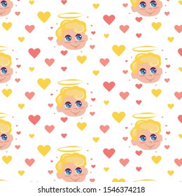 Funny pattern little cupid with heart. Illustration of a Valentine's Day in a cartoon style. Amur baby angel. Cute funny cupid little god eros greece kids, romantic. Angel cupid love amur. Vector Eps8