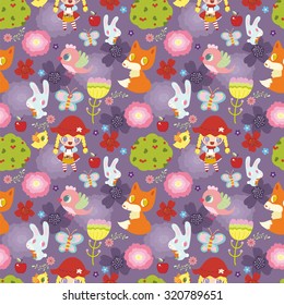Funny pattern with Little Red Riding Hood in a magical forest, where there is little fox, rabbit, birds and flowers. Perfect for children's design, postcards, books or covers.