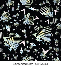 Funny pattern, memphis style. Geometric patterns. Spot, triangles, lines.
