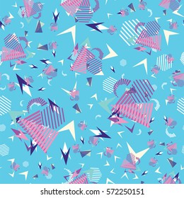 Funny pattern, memphis style. Geometric patterns. Spot, triangles, lines.