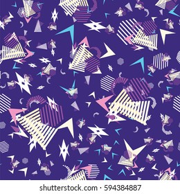 Funny pattern, memphis style. Geometric patterns. Spot, triangles, lines.