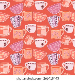 Funny pattern with multi-colored cups on a red background. Vector illustration
