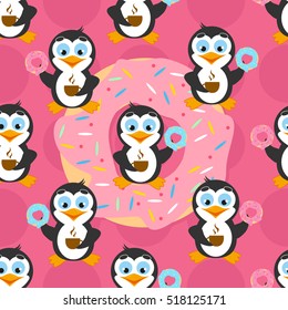 Funny pattern penguin eating donuts and drinking coffee on a pink background with a large donut.