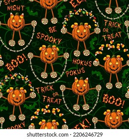 Funny pattern with pumpkins like having fun kids, text with halloween phrases, silhouette of bat, spiderweb behind. Fire style of text Trick or treat, hokus pokus, spooky night