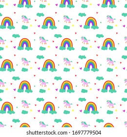 Funny pattern of a rainbow and unicorn. Repetitive image of a fun rainbow. Modular image to edit.