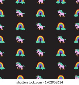 Funny pattern of a rainbow and unicorn. Repetitive image of a fun rainbow. Modular image to edit.