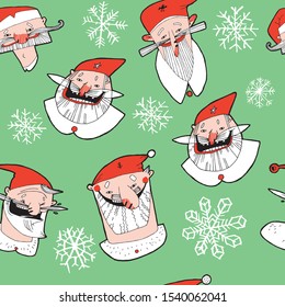 Funny pattern with santas and snowflakes. Color vector illustration. Can be used for gift wrapping, fabric, poster, print, postcard, wallpaper.