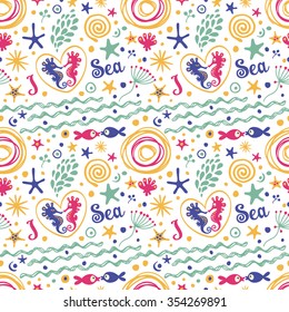 Funny pattern with sea inhabitants. Seamless summer ornament.