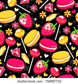Funny pattern with strawberry, lollipops, diamonds, flowers, hearts and macaroons. Vector background. 