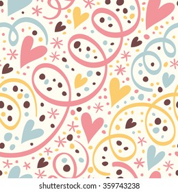 Funny pattern with streamers, confetti and heart. Vector background in pastel colors. 