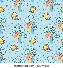 Funny pattern with sun, cloud and rainbow. Seamless cartoon ornament.