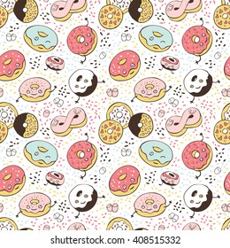 Funny pattern with tasty donuts and pastries.