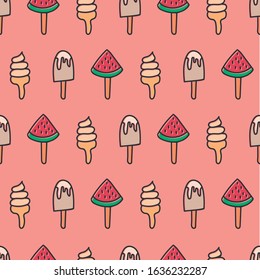 Funny pattern of a watermelon ice cream. Line made drawing. Pink background. Editable vector.